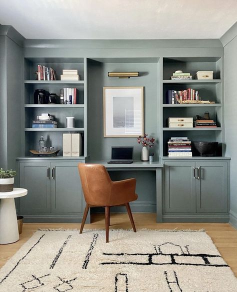 Office Built In Around Window, Inbuilt Bookshelves And Desk, Small Study Built Ins, Green Tv Built In, Evergreen Fog Office Cabinets, Cabinet Bookcase Built Ins, Green Built In Desk, Green Cabinet Office, Built In Shelving With Desk