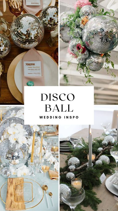 Disco ball for a fun party or event Disco Ball Greenery Wedding, Disco Ball Centerpiece Ideas, Disco Ball Decorations, 70s Disco, Wedding Cake Table, Mirror Ball, Disco Balls, Cake Table, Hanging Mirror