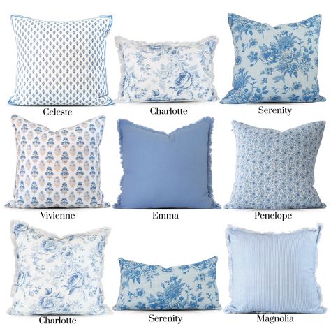 Our Blue Mix and Match pillow covers collection is part of our Easy-to-Style Collection. The Collection has been carefully designed to mix, match and layer beautifully together without ever being "matchymatchy". So create your own look with careless abandon because we have got you covered! We are inspired by vintage designs and patterns. We tirelessly research historic art from old wallpaper books, vintage homes and antique marketplaces. We add modern colors for the modern home and make the magi Toile Pillow, Blue Floral Pillows, Pillows Blue, Throw Pillow Pattern, Toile Print, Coastal Room, Floral Toile, Blue Pillows Decorative, Spring Pillows