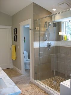 Simple Walk In Shower No Door, Dreamy Bathrooms, Bath Layout, Bathroom Loft, French Bathroom, Bathrooms Ideas, Bilik Air, Loft Bathroom, Bathroom Cabinetry