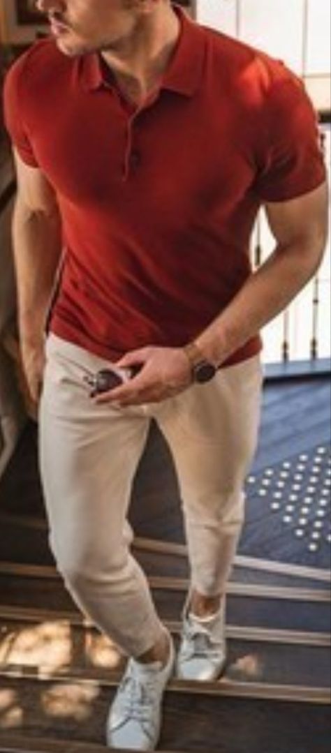 Men’s Red Shirt Outfit, Red Polo Shirt Outfit Men, Red And Beige Outfit, Red Polo Shirt Outfit, Field Clothes, Men Christmas Outfit, Red Color Outfits, Red Shirt Outfits, Polo Outfits