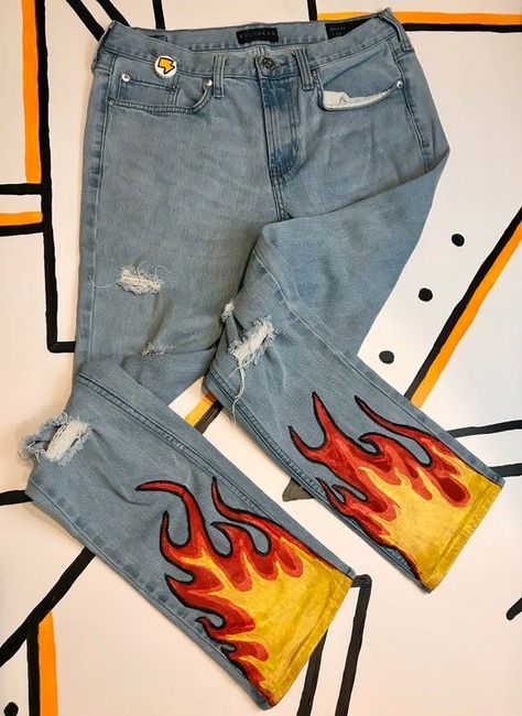 Flame Jeans, Bespoke Denim, Custom Jeans Diy, Diy Pants, Painted Clothes Diy, Dream Jeans, Custom Jeans, Flame Design, Custom Denim