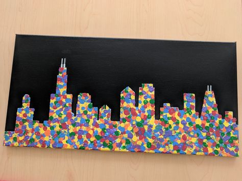 Chicago skyline on canvas made for a great class art project. Used acrylic paint on canvas using fingerprints and qtips and lot's of painter's tape for the lines! School Auction Class Projects, Cavas Art, September Projects, Class Artwork, School Auction Art Projects, Color Art Lessons, Art Auction Projects, Art Auction Ideas, Cityscape Architecture