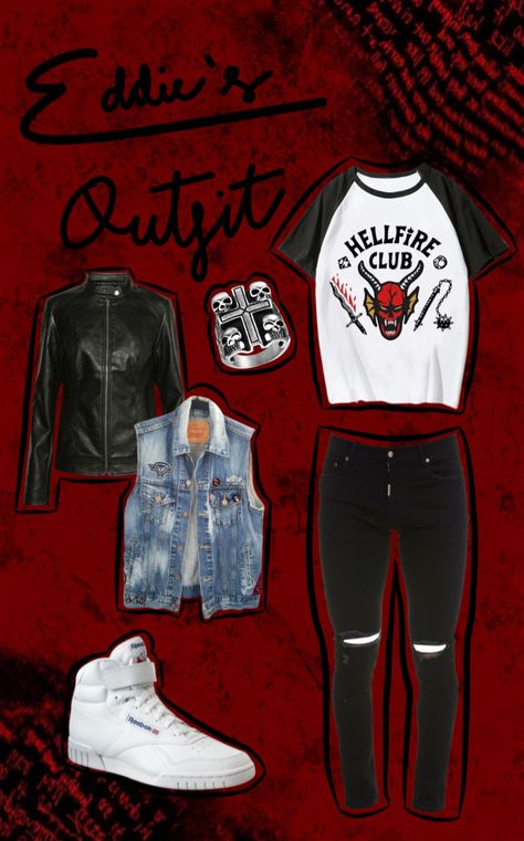 Hellfire Club Makeup, Eddie And Chrissy Costume, Eddie Munson Outfit Aesthetic, Eddie Halloween Costume, Eddie Munson Inspired Outfits, Netflix Outfit Ideas, Hellfire Club Costume, Eddie Munson Outfit, Eddie Munson Costume