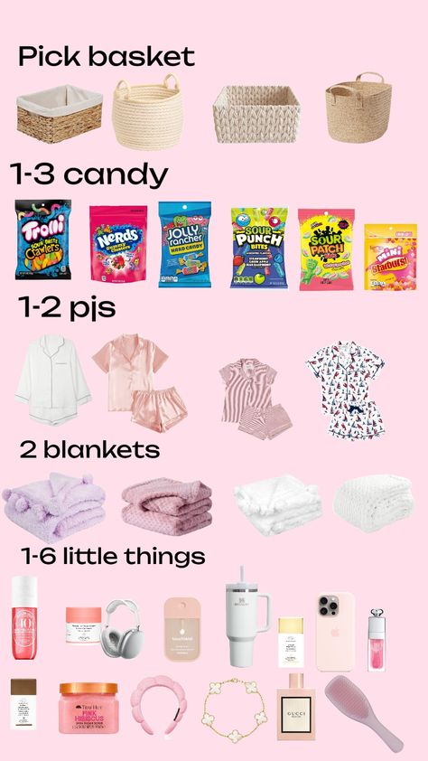 #cute #basket #boobasket Pink Items For Gift Basket, Gift Basket Pink Theme, Brr Basket For Teen Girl, Pink Brrr Basket, Brrr Basket Ideas For Teens, But Basket Ideas, Cheap Birthday Basket Ideas, Pink Snack Basket, But Basket