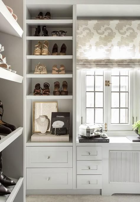 Elegant Closet with Custom Shoe Shelves with Lips - Transitional - Closet Transitional Closet, House Closet, Organized Closet, Dressing Room Closet, Walking Closet, Dream Closet Design, Closet Renovation, Shoe Shelves, Closet Decor