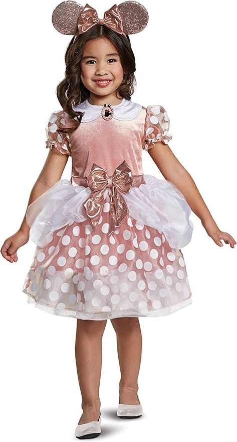 Product includes: dress with character cameo and character headband. This rose Gold Minnie Mouse dress features a felt bodice and cute glittery white polka dotted skirt. Minnie Mouse cameo gives a cute detail to the collar Rose Gold sequined Minnie Mouse ears complete this look. Disney Fancy Dress, Minnie Costume, Toddler Costumes Girl, Disney Princess Costumes, Cartoon Character Costume, Minnie Mouse Costume, Mouse Costume, Minnie Mouse Dress, Sticky Fingers