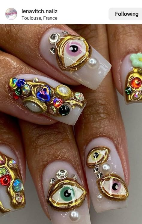 Eye Design Nails, 3d Eye Nails, Sculpture Nails, Maximalist Nails Short, Third Eye Nails Acrylic, Schiaparelli Nails, Gem Stone Nails, Crazy 3d Nail Art, Fortune Teller Nail Art