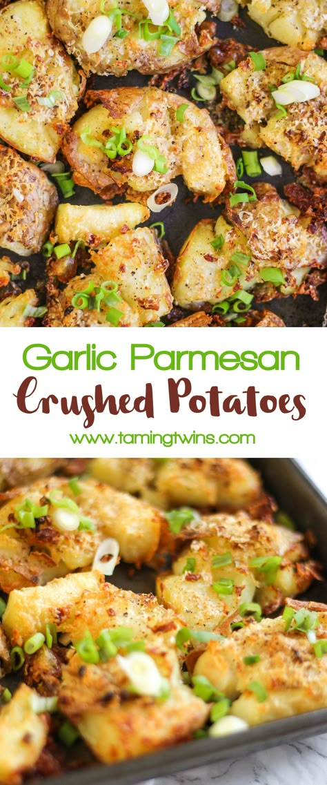 Garlic Parmesan Crushed Potatoes - Crunchy, crispy, crushed new potatoes, smothered in garlic and Parmesan cheese. The ultimate accompaniment side dish. No Bake White Chocolate Cheesecake, Brie And Cranberry, Cranberry Bites, Cooking Potatoes, Crushed Potatoes, Bruschetta Ingredients, Top Chicken Recipes, New Potatoes, Parmesan Potatoes