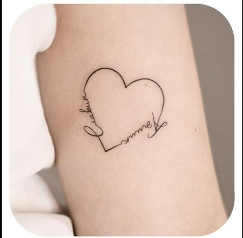 Name Tag Heart Tattoo for the Eternal Love Two Name Heart Tattoos, Simple Heart Wrist Tattoo, Heart And Name Tattoo Ideas, Double Heart Tattoo With Initials, Heart With Name Tattoo Ideas, Love Heart Name Tattoo, Names In A Heart Tattoo, Heart Names Tattoo, Tattoo Heart With Names