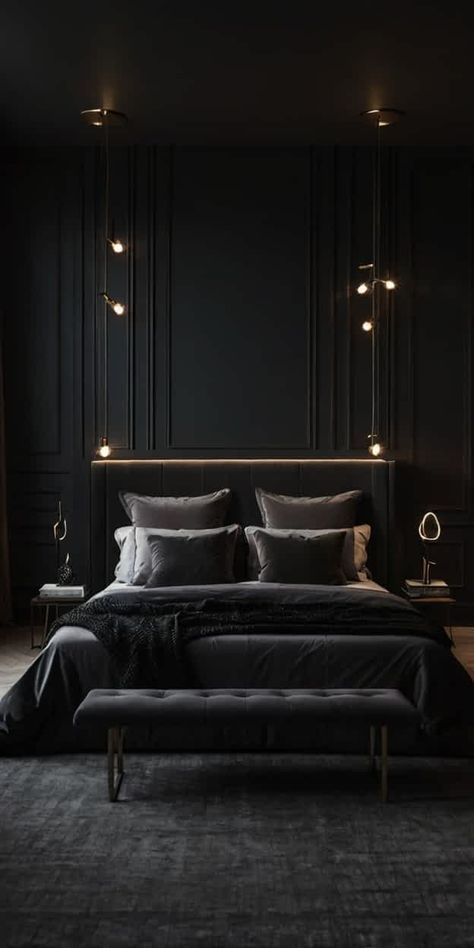 32 Marvelous Dark Minimalist Bedroom Ideas Dark Bedrooms Luxury, Dark Room Ideas, Luxury Black Bedroom, Dark Minimalist Bedroom, Dark Room Aesthetic, Dark Modern Bedroom, Dark Bedroom Walls, Dark Bedroom Ideas, Black Bedroom Ideas