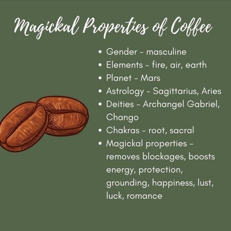 Coffee Magical Properties, Witch Correspondence, Pagan Aesthetic, Magical Coffee, Candle Color Meanings, Magic Coffee, Magickal Herbs, Reflexology Chart, Essential Oil Diffuser Blends Recipes