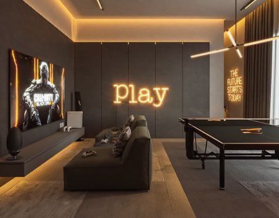 Media Game Room Combo, Ping Pong Table Room Ideas, Dark Game Room Design, Ping Pong Room Ideas, Teenager Playroom Ideas, Neutral Game Room, Teenager Game Room, Teenage Playroom Ideas, Tv Game Room Ideas