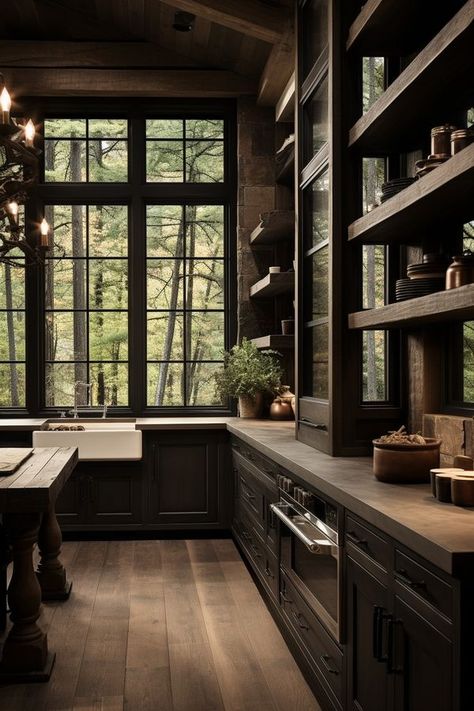 Dark And Moody Kitchen, Dark Home Interior, Wyoming House, Lux Interior, Romantic Kitchen, Moody Kitchen, Moody Aesthetic, Dark And Moody, Dark Home