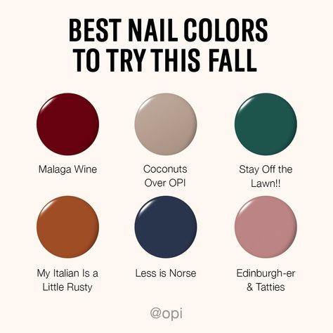 OPI on Instagram: “Fall weather is here and @theeverygirl rounded up this season's best nail colors to keep your nails looking fabulous and trendy all season…” Square Nails Autumn, Mani Pedi Color Combos, Nails Opi Gel, Fall Nail Colors Opi, Opi Shellac, Short Fall Nail Designs, Winter Nail Color, Shellac Nails Fall, Fall Toe Nails