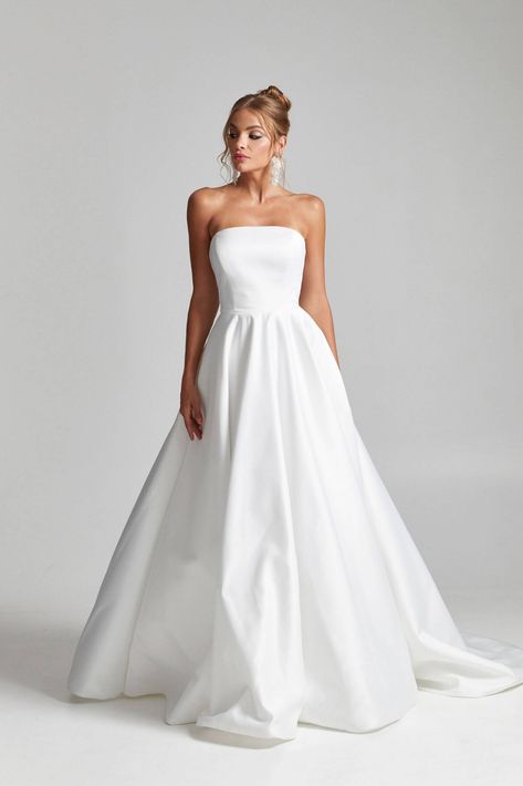 Classic Bridal Gown Simple, Classic Wedding Dress Strapless, Wedding Dress With Crinoline, Strapless Scoop Neck Wedding Dress, Classic Satin Wedding Dress Strapless, Strapless Full Skirt Wedding Dress, Strapless Satin Wedding Dress Ballgown, Strapless Wedding Dress With Ruffle Hem, Rebecca Schoneveld