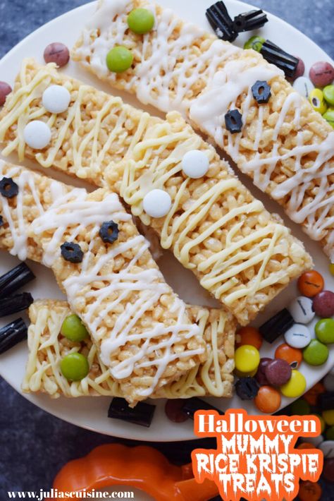 Halloween Mummy Rice Krispie Treats Krispie Treats Ideas, Rice Krispie Treats Ideas, Mummy Treats, Melting Marshmallows, Halloween Rice Krispie Treats, Melted White Chocolate, Halloween Appetizers, Halloween Mummy, Candy Decorations