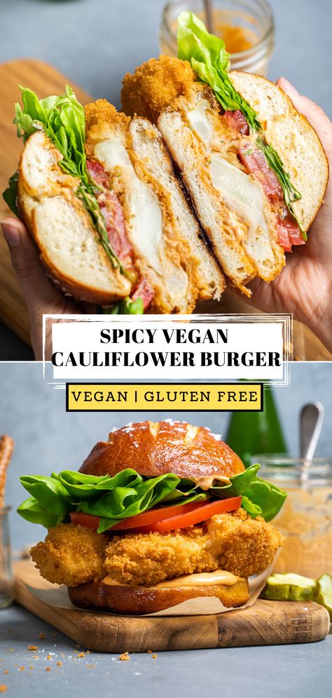 Cauliflower Sandwich Recipes, Vegan Summer Meals, Cauliflower Sandwich, Vegan Entree Recipes, Vegetarian Burger Recipe, Cauliflower Burger, Vegan Sandwich Recipes, Vegan Sandwiches, Vegan Entrees