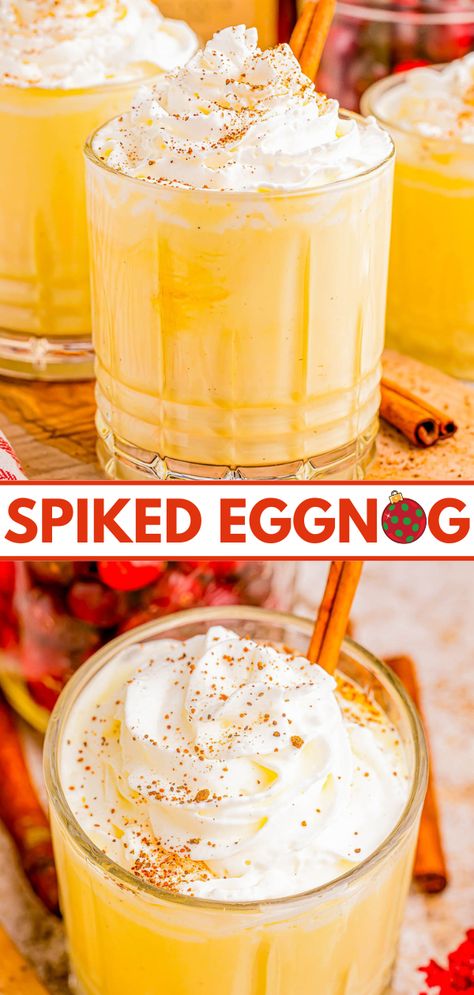 Spiked Eggnog with Amaretto and Spiced Rum - Wondering what to do with your eggnog? Making this EASY three-ingredient spiked eggnog cocktail recipe is the PERFECT idea! Smooth, rich and creamy with warm hints of cinnamon, cloves, and vanilla from the spiced rum and almond from the amaretto. Spiked eggnog will be a hit at your Christmas parties and New Years Eve party! Instructions on how to make a large batch or pitcher are provided. Eggnog Cocktail Recipe, Eggnog Recipe Spiked, Homemade Margarita Recipe, Homemade Baileys Irish Cream, Eggnog Cocktail, Eggnog Drinks, Fruity Alcohol Drinks, Homemade Baileys, Homemade Margaritas