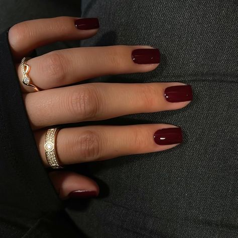 Short Square Dark Nails, Deep Red Nails Short, Short Dark Red Nails With Design, Red Nails Square Short, Squoval Manicure, Short Wide Nails, Solid Color Square Nails, Dark Red Square Nails, Soft Square Nails