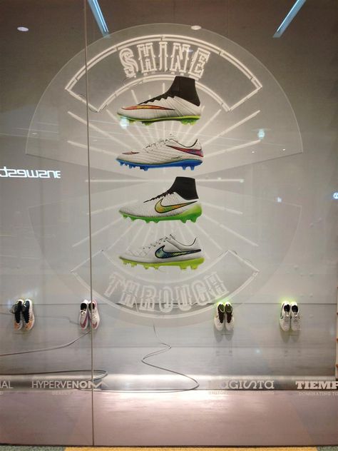 Nike Football retail window display sports shoe display. Pop Up Ideas, Trendy Sport Shoes, Retail Window Display, Red Chief, Shoes Display, Sports Shoes For Girls, Window Display Design, Garage Floor Plans, White Subway Tiles