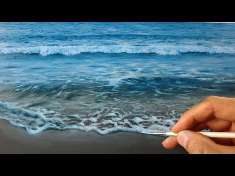 Paintings Of Beaches Scenes, Paint A Seascape, Beach Water Painting, Acrylic Painting Waves Tutorial, Beach Waves Painting Tutorial, Paintings Of Beaches, How To Make Waves Painting, How To Draw An Ocean, How To Paint Waves Easy