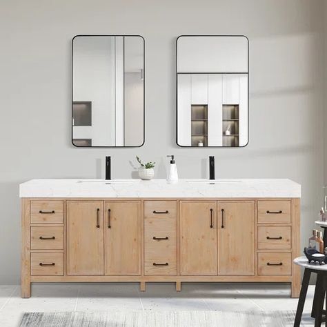 Wildon Home® Mateyka 84" Double Bathroom Vanity Set | Wayfair Black Hardware Bathroom, Ceramic Undermount Sink, Drawer Inserts, Vanity Set With Mirror, Top Beds, Double Bathroom, Transitional Bathroom Vanities, Wooden Drawers, Bathroom Vanities For Sale