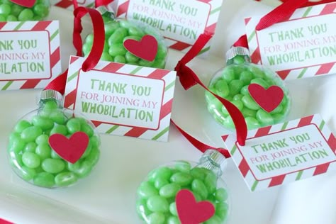 Grinch Party Favors (Grinch Heart Ornaments) from a "Party Like a Grinch" Christmas Party on Kara's Party Ideas | KarasPartyIdeas.com Gender Reveal Grinch, Baby Grinch Baby Shower Ideas, Grinch Gender Reveal Ideas, Grinch Gender Reveal, Grinch Baby Shower Ideas, Grinch Party Favors, Pregnacy Announcement, Grinchmas Party, Grinch Baby