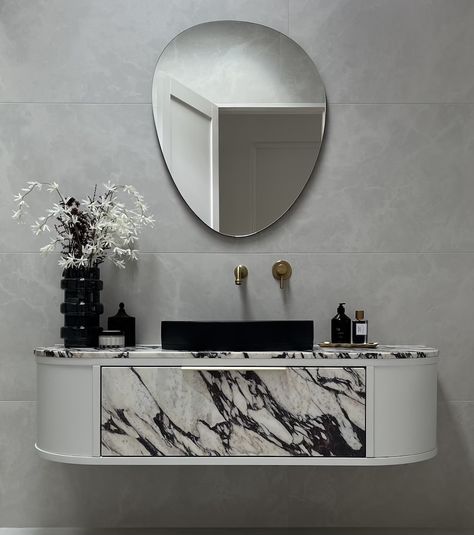 Marble Benchtop, Nood Co, Gold Drawer Pulls, Concrete Walls, Concrete Sink, Design Hack, Bathroom Basin, Mirror Cabinets, Concrete Wall