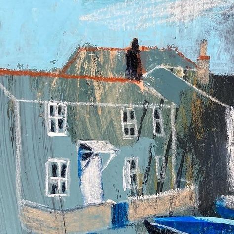 Jane Askey on Instagram: "I’ve had a busy day and not quite managed to get all my ducks in a row so here is ‘Row of Blue Boats Mousehole Harbour’ one of my newest A5 ish sized mixed media on paper.  A brand new collection of nine unframed pieces £95 plus p&p will be available on my website from 19.00 tomorrow evening (11/05/24).  Thanks for your amazing support for these small ones over the last two weeks." Harbour Architecture, Harbor Illustration, Harbour Illustration, Rye Harbour, Abstract Harbour Painting, Blue Boat, Abstract Art Inspiration, Pastel Drawing, Little Houses