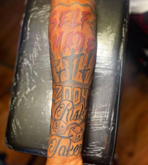 Black Boys Tattoos, Tattoo Forearm Sleeve Men, Quarter Sleeve Tattoo For Men Shoulder, Risk Taker Tattoo Men, Hood Tattoos For Men Arm, Forearm Tattoo Black Men, Self Made Tattoo Men, Top Arm Tattoo For Men, Simple Forearm Tattoo Men