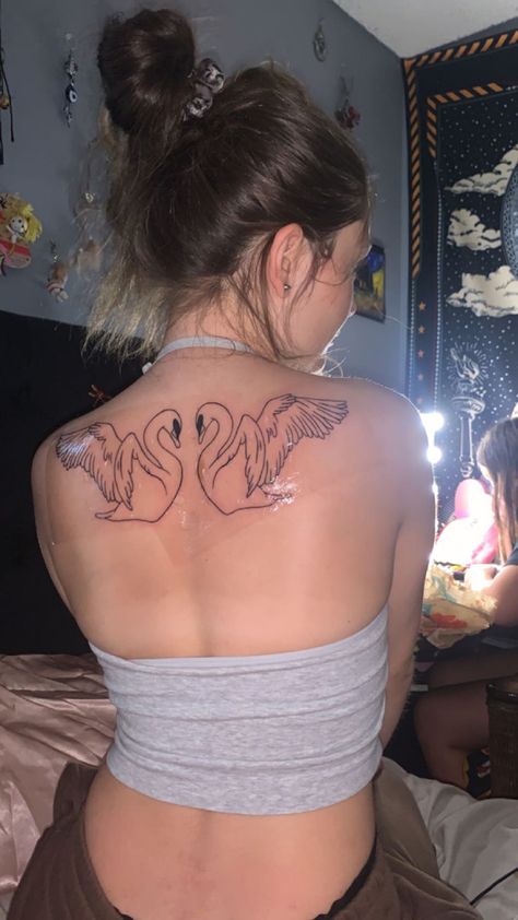 Swan Back Tattoo Women, Swan Arm Tattoo, Black Swan Movie Tattoo, Swan Tattoo Back, Swan Chest Tattoo, Swan Wings Tattoo, Big Back Piece Tattoos For Women, 2 Swans Tattoo, Flying Swan Tattoo