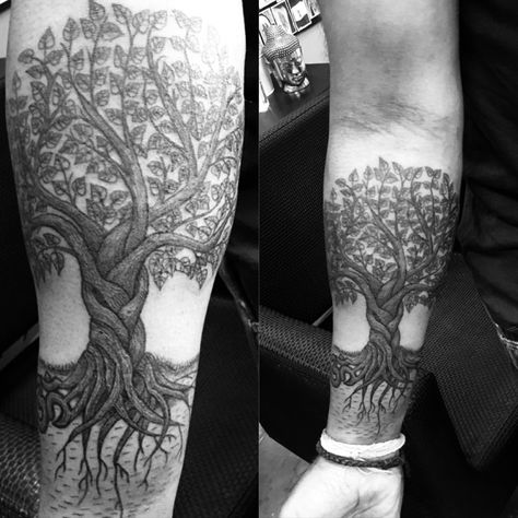 Bodhi tree tattoo done by Jon Koon at Artistic studio hair and tattoo Bodhi Tree Tattoo, Spiritual Design, Japanese Ink Painting, Tree Tattoos, Sanskrit Language, Studio Tattoo, Siddhārtha Gautama, Cool Forearm Tattoos, Bodhi Tree