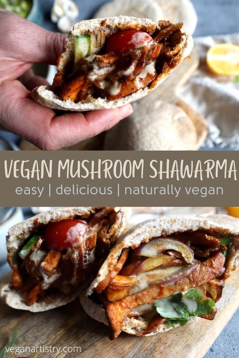 Mushroom Pita Recipes, Vegan Sharwama Recipes, Vegan Shwarama Mushroom, Shawarma Recipe Vegetarian, Mushroom Schwarma, Tofu Shawarma, Mushroom Shawarma, Mushroom Wrap, Vegan Shawarma