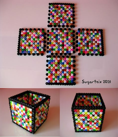 Hama Beads 3d, Colorful Box, Melty Bead Patterns, Easy Perler Beads Ideas, 3d Perler Bead, Fuse Bead Patterns, Hama Beads Design, Perler Bead Templates, Diy Perler Bead Crafts