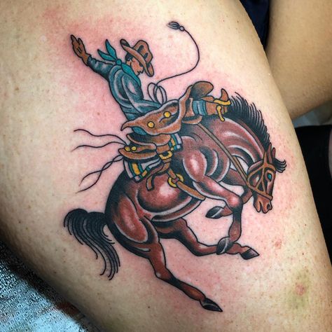 Bucking bronco tattoo - cowboy and horse Traditional Cowboy Tattoo, Cowboy Tattoo, Horse Tattoo Design, Cowgirl Tattoos, Cowboy Tattoos, Western Tattoos, Traditional Tattoo Sleeve, Bucking Bronco, Skeleton Hand Tattoo