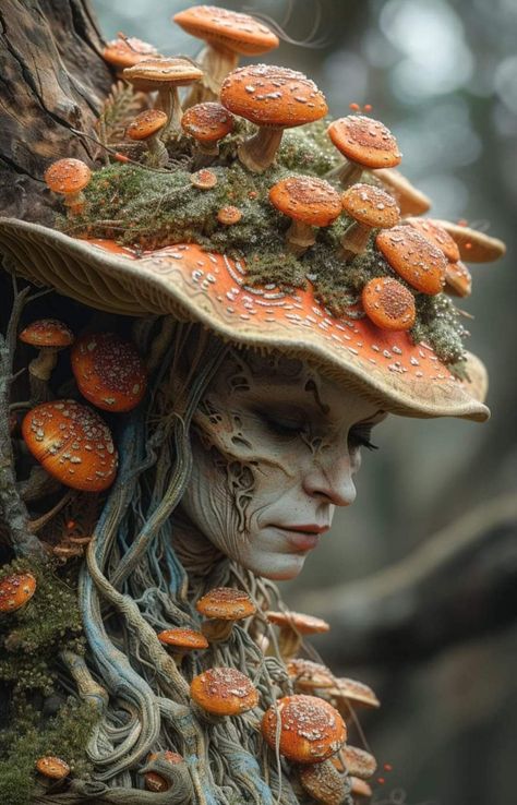 Mushroom Dryad, Moss Costume, Mushroom Druid, Mushroom Fairy Art, Mushroom Fae, Clown Paintings, Nature Goddess, Mushroom Head, Fairy Images