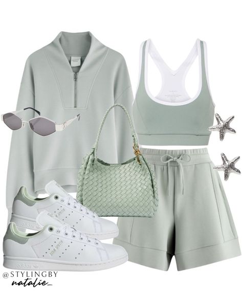 Airport Summer Outfit, Aesthetic Athleisure, Sweatshirt Shorts, Green Outfits, Airport Outfits, Outfit Travel, Women's Athletic Wear, Adidas Shoes Women, Travel Outfit Summer