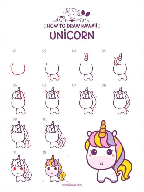 Step By Step Unicorn Drawing For Kids, Draw Unicorn Easy Step By Step, Drawing Unicorn Easy, Easy Draw Unicorn, Step By Step Kawaii Drawing, Kawaii How To Draw, How To Draw Cute Things Step By Step, How To Draw Unicorns For Kids, How To Draw A Unicorn Easy Kids