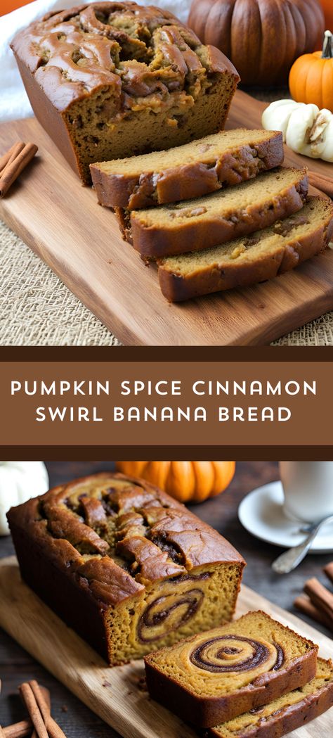 🍂 Indulge in the ultimate fall comfort food with this Pumpkin Spice Cinnamon Swirl Banana Bread recipe! 🍁🎃 Moist and flavorful, it combines the sweetness of ripe bananas with the warmth of pumpkin spice and cinnamon swirls. Perfect for cozy mornings or afternoon treats! 😋#myskinnyrecipes  #PumpkinSpice #BananaBread #FallBaking #ComfortFood 🍞🧡 Banana Bread With Pumpkin Spice, Banana Cinnamon Swirl Bread, Fall Banana Recipes, Pumpkin Banana Recipes, Fall Banana Bread, Solstice Recipes, Pumpkin Spice Banana Bread, Blueberry Oatmeal Cookies, Lemon Blueberry Cookies