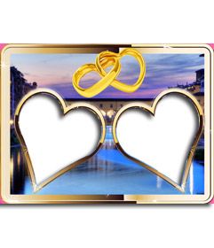 Composición con dos marcos dorados en forma de corazón para dos fotografías y un atardecer urbano de fondo. vemos dos aros de oro en forma de corazón unidos. http://www.fotoefectos.com Sr Logo, Albanian Culture, Photo Frame Gallery, Cake Roll, Two Hearts, Cornice, Birthday Decorations, Frame, Color