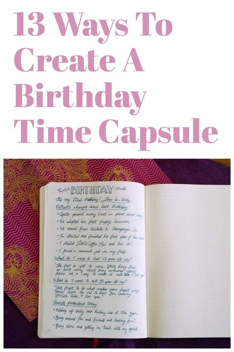 Hello friends! As you may know, my birthday just came and went. I always get a little introspective on my birthday and I think about how I've spent my last year and what I'm doing with my life. Then it occurred to me to write down a spread in my bullet journal to commemorate the day and create a birthday time capsule! How can I resist? I like the idea of writing a direct message to older me and tucking it away to find later, an Easter Egg to stumble upon in the future. #journaling #birthdayidea Birthday Journaling Ideas, What Can I Do On My Birthday, 30th Birthday Journal Prompts, Birthday Page Ideas, What To Do On My Birthday, Birthday Journal Ideas, Birthday Journal Prompts, Birthday Journaling, Bullet Journal Reflection