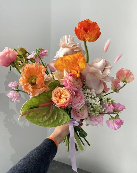 Modern flower arranging | House & Garden Poppy Bouquet, Coral Charm Peony, British Flowers, Being Held, Flower Therapy, Modern Flower, Bouquet Of Flowers, Arte Floral, Poppy Flower