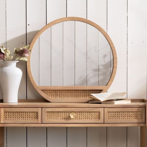 Java Rattan Dressing Table Mirror - Oak Wall Mounted Dressing Table, Natural Wood Home Decor, Rattan Bedroom Furniture, Natural Wood Home, Vintage Rattan Furniture, Rattan Lighting, Rattan Decor, Bamboo Wall Art, Rattan Bedroom