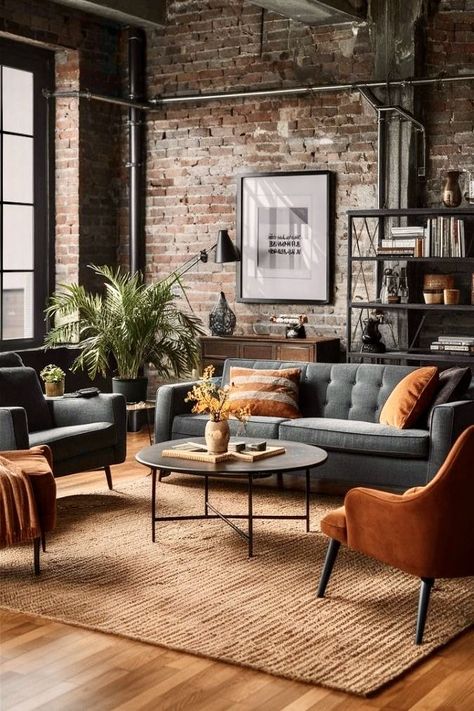 Red Brick Apartment Interior Design, Mid Century Exposed Brick, Industrial Living Room Brick Wall, Brick Wall Living Room Ideas Rustic, Edgy Living Room Ideas, Rough Texture Interior Design, Exposed Brick Walls Living Room, Living Room Brick Wall, Living Room Exposed Brick