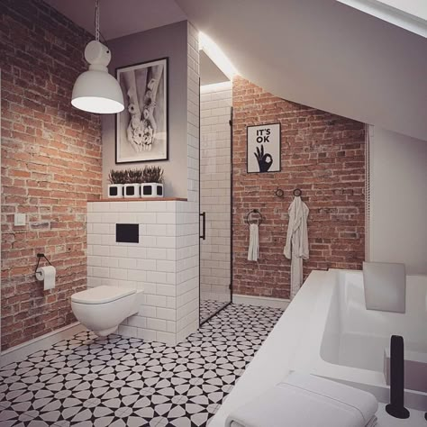 White Brick Bathroom, Exposed Brick Bathroom, Brick Bathroom, Interior Brick, Best Bathroom Designs, Decor Baie, Small Bathroom Makeover, Enjoy Your Weekend, Small Bathroom Ideas