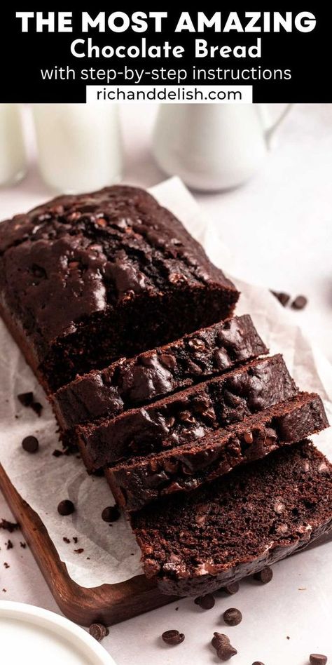 The moist chocolate bread is rich and decadent, with a velvety texture that melts in your mouth and a deep, intense chocolate flavor. Mexican Chocolate Bread, Chocolate Almond Bread, Chocolate Milk Bread, Chocolate Sweet Bread, Homemade Chocolate Bread, Prune Bread Recipe, Black Bread Recipe, Easy Chocolate Bread, Chocolate Quick Bread