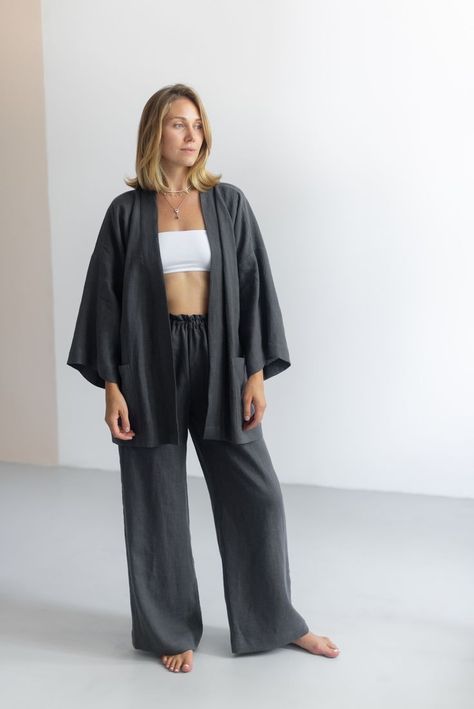 natural linen kimono, you can wear at home and same time feel free go to the street Outfits For Going Out, Kimono Set, Linen Kimono, Kimono Outfit, White Kimono, Natural Fabric, Plus Size Pants, Linen Set, Going Out Outfits