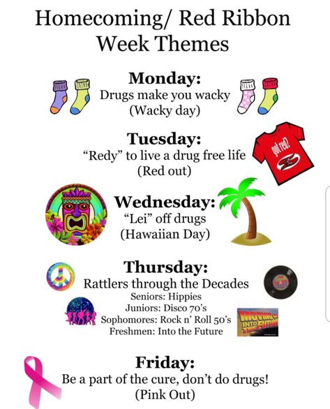 Theme Days For School Dress Up, Reading Dress Up Days, Dress Up Day Ideas Spirit Weeks, Spirit Week Dress Up Days, Dress Up Days For School, Disney Dress Up Days Homecoming, Dress Up Days For Homecoming Week, Homecoming Dress Up Days Spirit Weeks, Dress Up Days