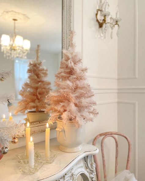 Tracey (@traceyjdenby) • Instagram photos and videos Christmas Tree With Feathers, Small Pink Christmas Tree, Christmas Tree Feathers, French Country Christmas, Holiday Room, Pink Christmas Tree, Vintage Diy, White Feathers, Country Christmas